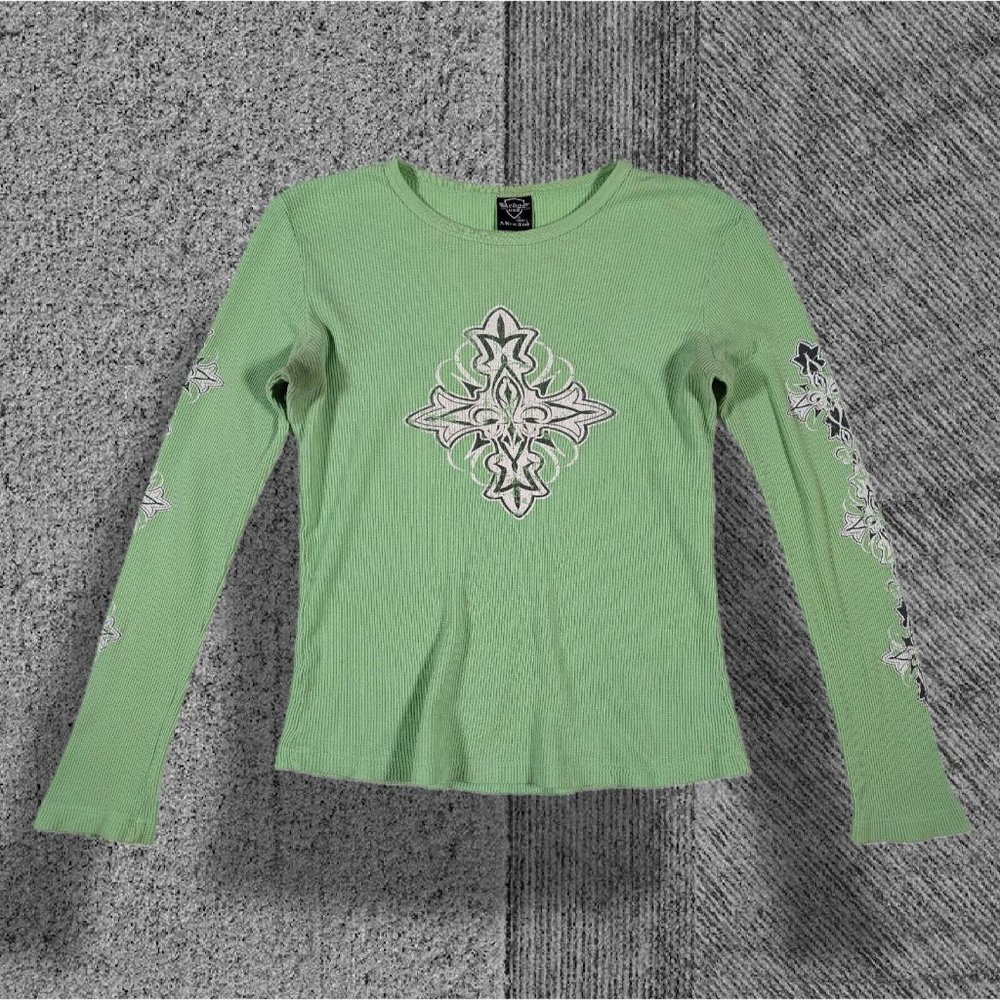 Vintage Y2K Sledge USA Long Sleeve Waffle Thermal Green Cross Grapic Tee sz S